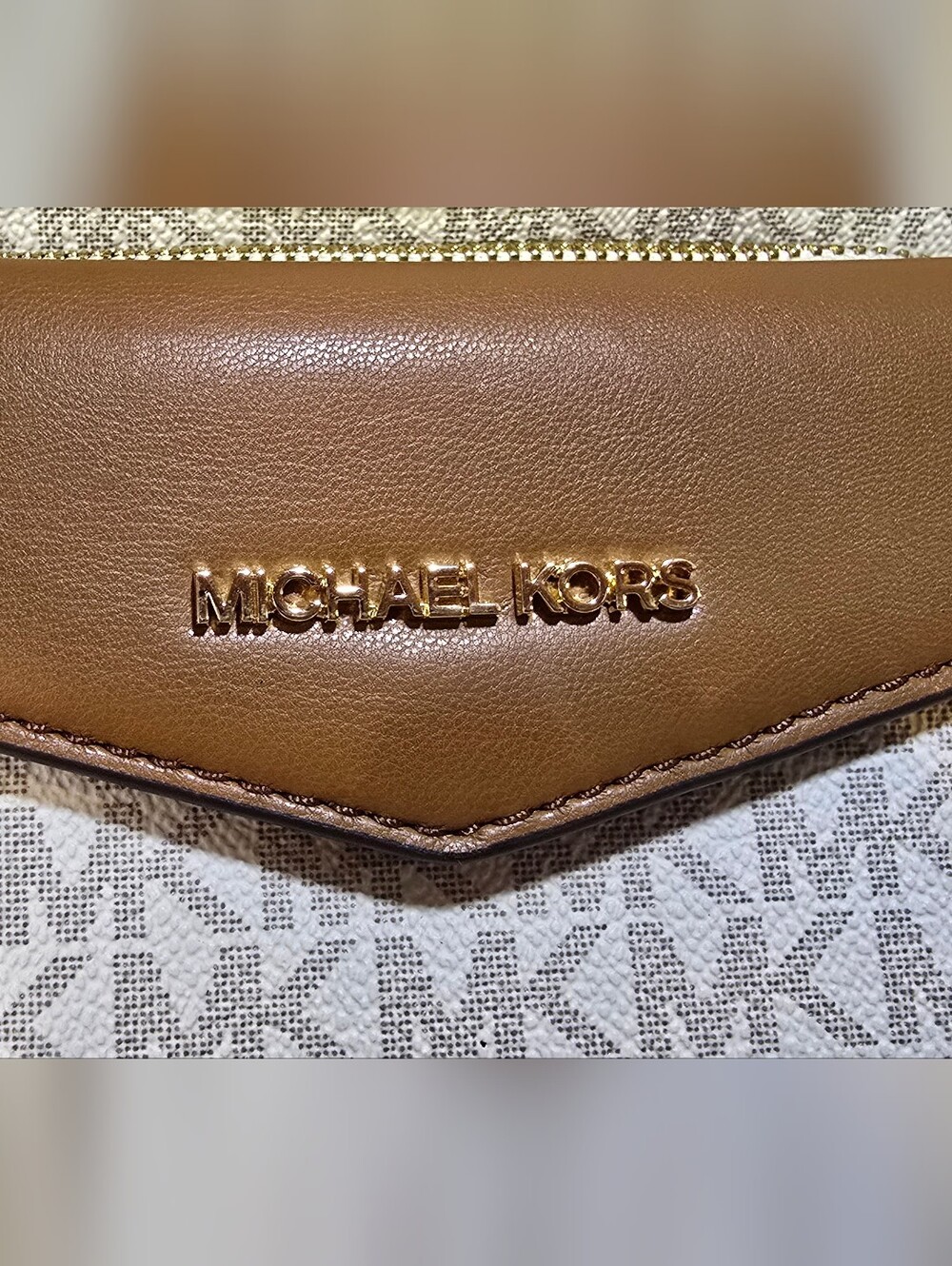 Michael Kors Beige/White MK Signature Crossbody with Brown Leather Flap - Picture 3 of 10